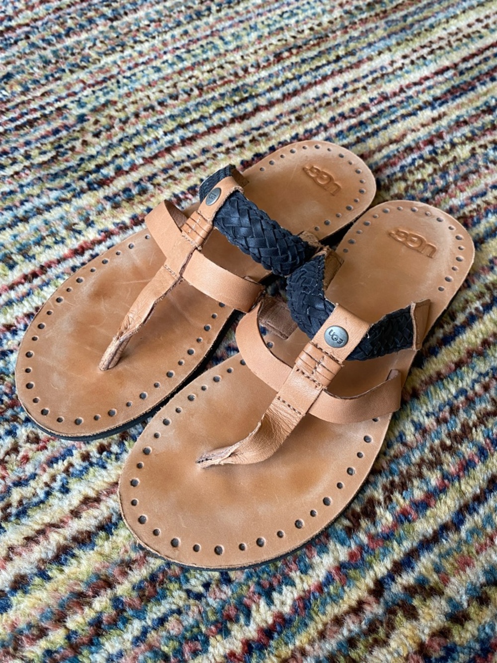 UGG Tan Leather Sandals with Braided Black Straps